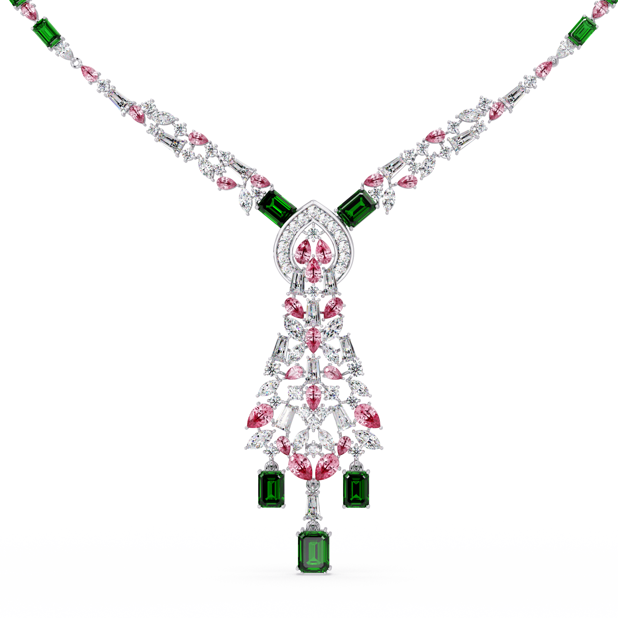 Pink Pear Green Emerald Diamond Wedding Necklace
